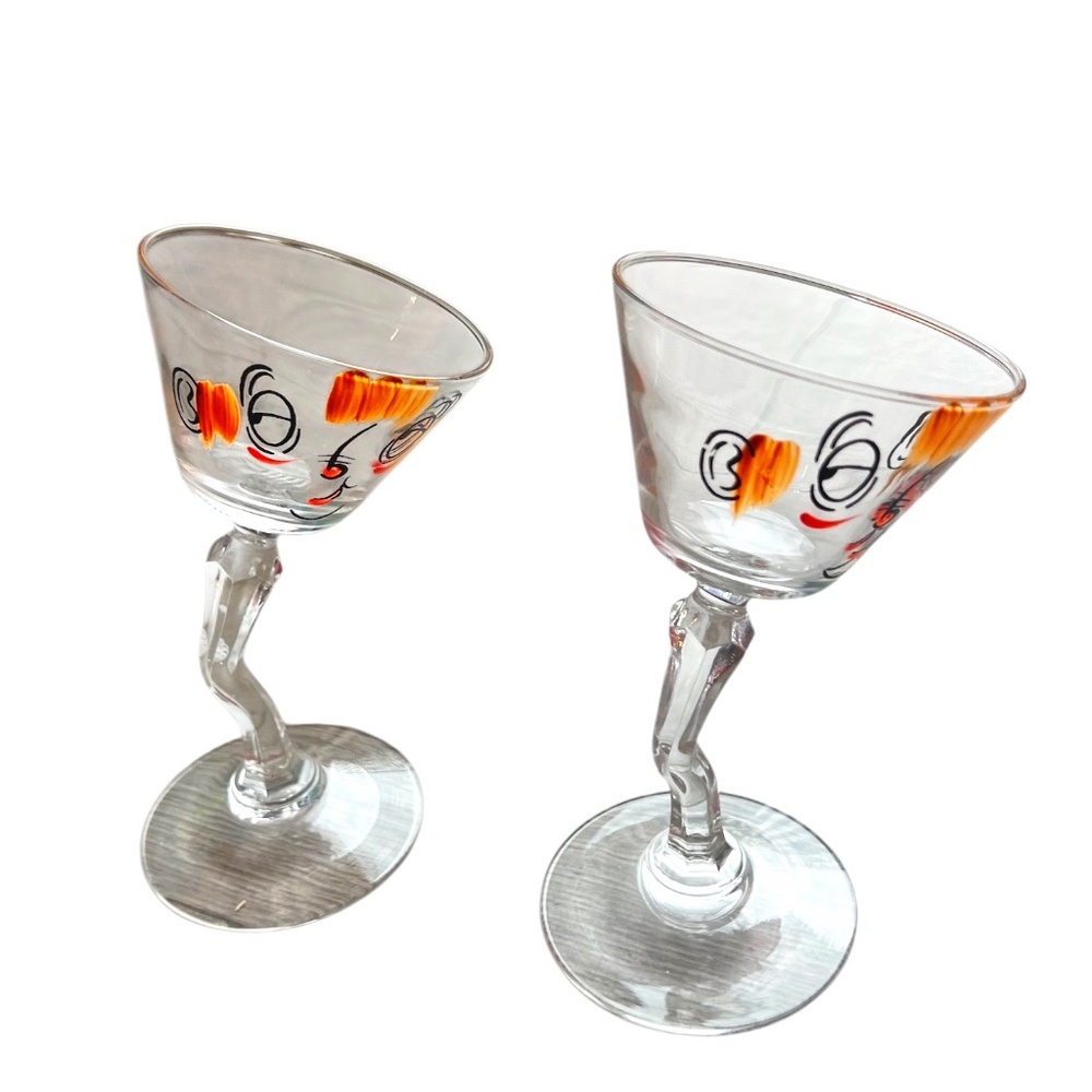 Pair Beau Brummell Gay Fad Vintage Midcentury 50s, Novelty Tipsy Martini Glasses
